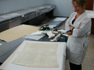 Society Institution, conservator Christine Smith in lab, Oct 18 2007