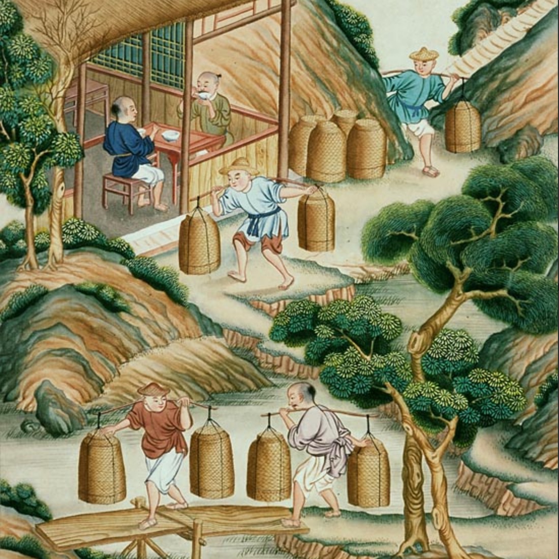 Chinese workers carry tea in this watercolor from a 1790 album on Tea Production.